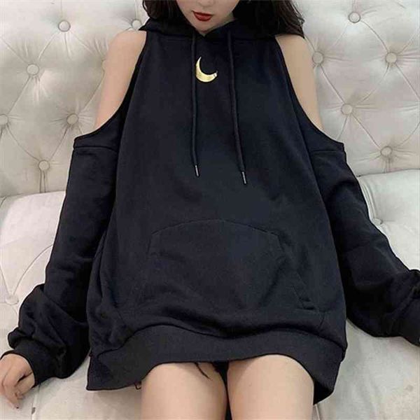 

moon print off shoulder long loose hoodie teenager woman girls hip hop streetwear female hoodies, Black