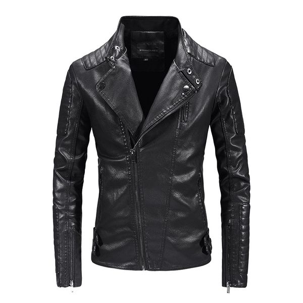 

mens black faux leather jacket fleece zipper pu leather jacket for men turn-down collar slim male winter leather bomber jacket, Black;brown