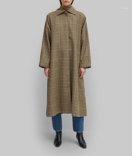 

woman vintage checked montella car coat wide collar front button up long sleeves long trench coats 2020fw1, Tan;black