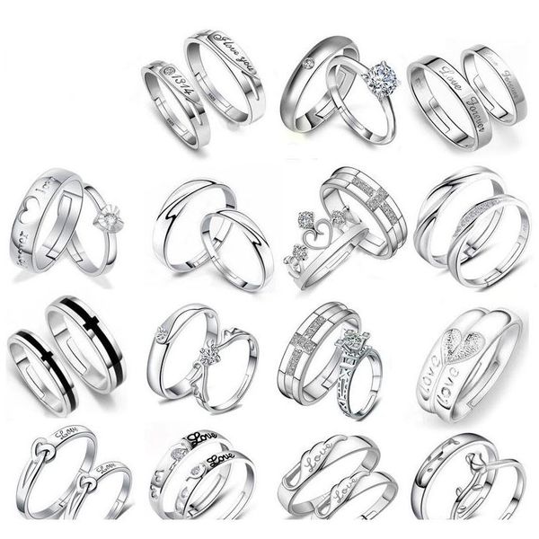 

fashion 30 pairs different design 925 silver lovers zircon opening adjustable ring jewelry for wedding engaged couple ring wholesale tbmiv, Slivery;golden