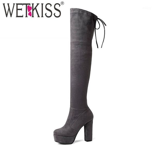 

boots wetkiss big size 34-43 women over knee boot flock stretch thigh high thick heels winter platform shoes lady1, Black