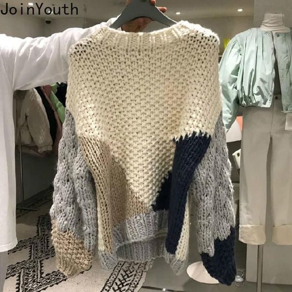 

joinyouth sweaters for women temperament o-neck long sleeve knitted pullovers patchwork chic jumper all-match coat 7b5751, White;black