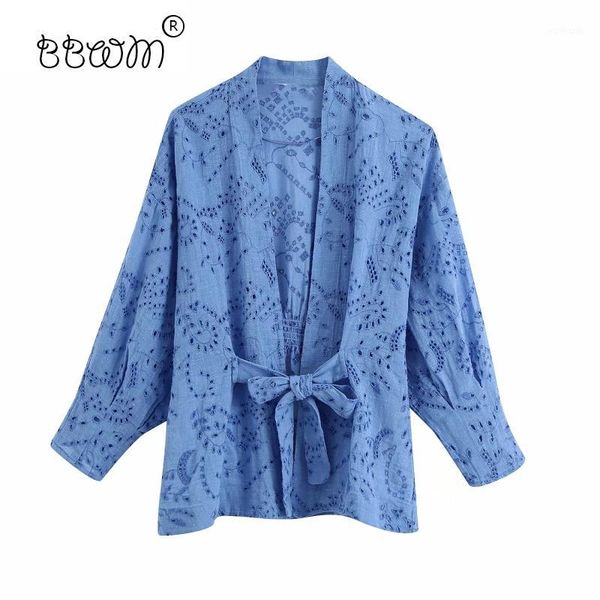 

2020 women fashion chic blue openwork embroidery blouses vintage bow sashes lace-up back elastic shirts chic kimono 1, White