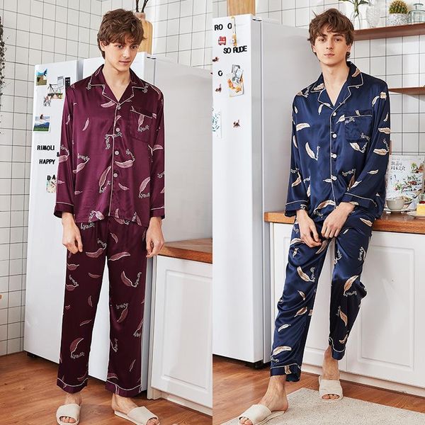 

samwestart men's stain silk pajamas sets spring summer feather navy long sleeve trousers homewear men leisure suits pijama mans1, Black;brown