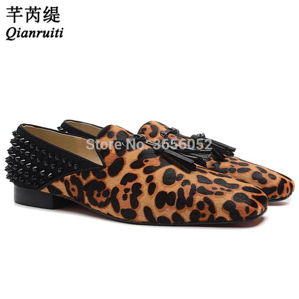 

qianruiti brand tasseled black stone studded flats slip on loafers men fashion leopard rivet fringe shoes casual drop shipping