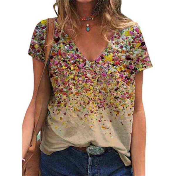 

women's t-shirt 2022 summer women's v-neck print short sleeve blouse t-shirt, White
