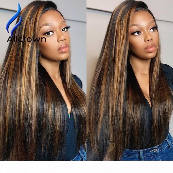 

alicrown highlight t-part lace front human hair wigs pre-plucked brazilian ombre lace wigs for women non-remy hair, Black;brown