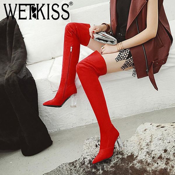 

wetkiss winter leopard print women boots pointed toe footwear over the knee lady boot transparent unusual high heels shoes woman, Black