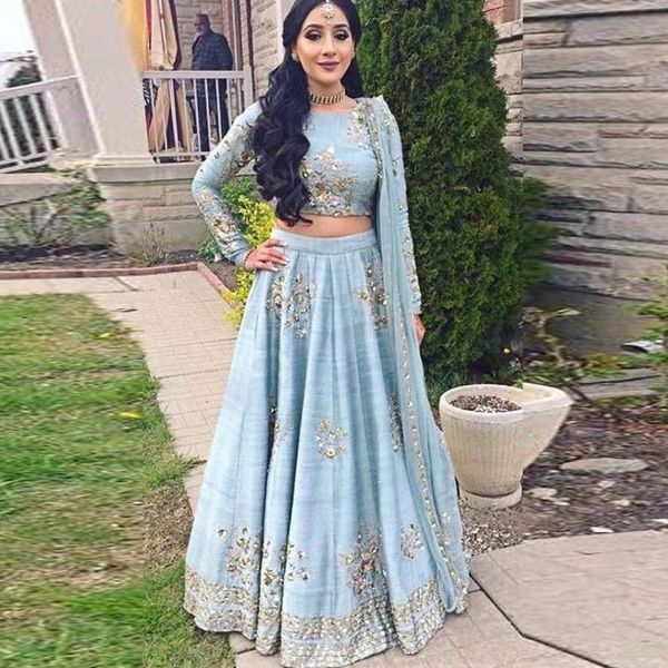 

light sky blue two pieces evening gowns saudi arabia long sleeves gold appliques prom dresses dubai robe de soiree custom made, Black;red