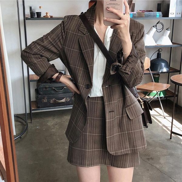 

vintage two-piece plaid blazer suits women single-breasted jacket & pencil skirt women skirt suit casual blazer sets 2020 autumn1, White