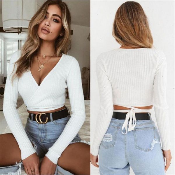 

2021 summer women slim t shirt black white khaki long sleeve t shirt cross v neck crop top