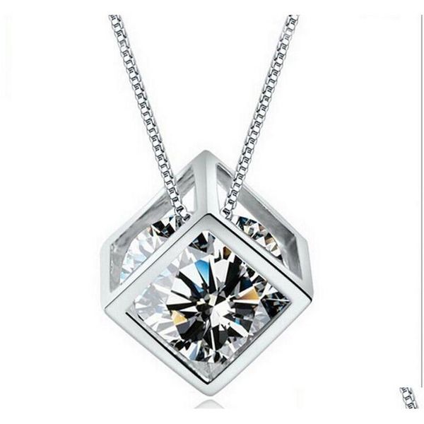 

2015 fashion 925 sterling silver box chain austria cz diamond crystal love magic cube square shape pendant necklace for women wedding libmj