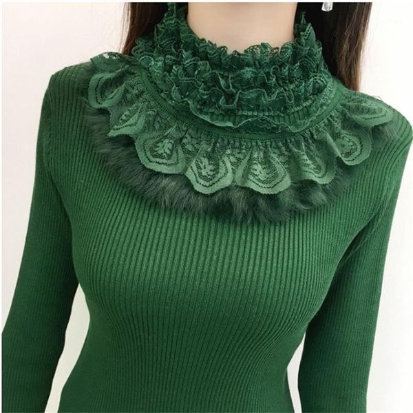 

autumn winter women sweater pullover 2020 new lace botto shirt long sleeve ruffled slim pull knit half turtleneck sweater female1, White;black