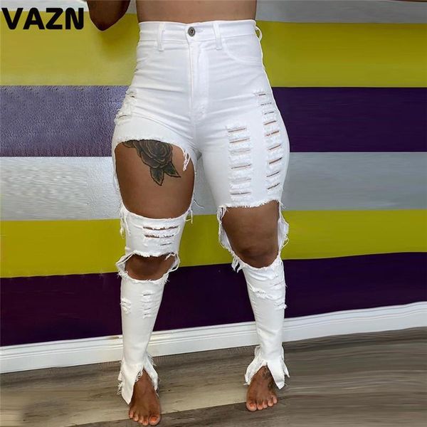 

vazn 2020 hollow out smart special plus size young style solid high street women pencil denim long pants, Blue