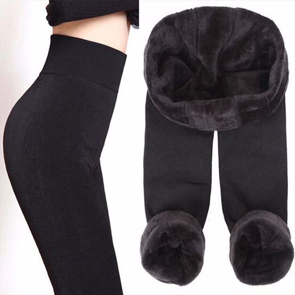 

women plus velvet skinny trousers high elasticity elastic waist keep warm trousers solid color thicken foot, Black;white