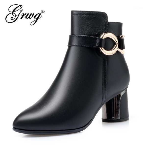 

boots women winter 2021 genuine leather natural wool warm ankle shoes1, Black