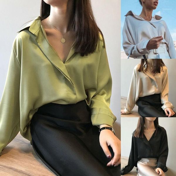 

womens basic casual loose ladies long sleeve satin shirt blouse office1, White