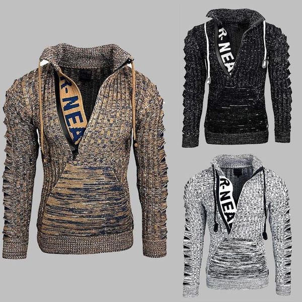 

men's sweaters 2021 trendy men autumn winter sweater cardigan ripped knitted cotton letters turn down collar long sleeve jumper- warm o, White;black