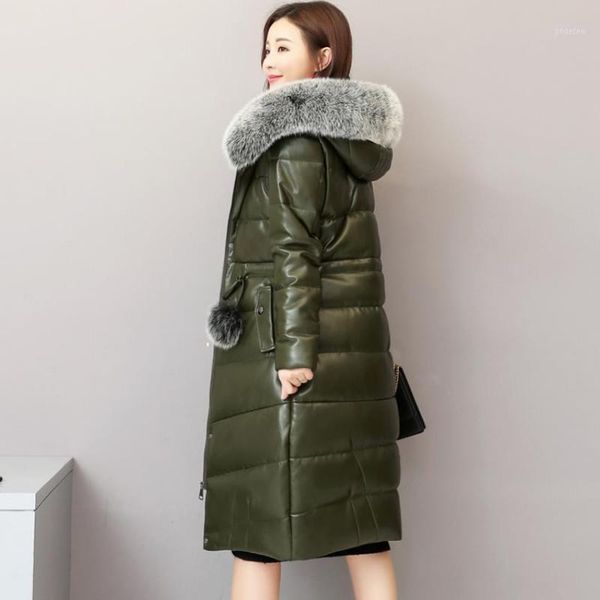 

winter fashion brand big fur collar hooded 90% duck down coat female real leather oversize longer thicker down parkas wq7691, Black