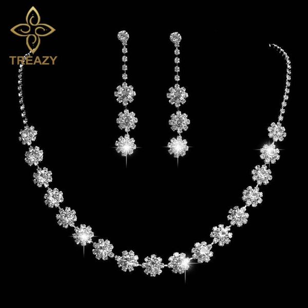 

treazy beautiful flower crystal bridal jewelry sets silver color rhinestones necklace earrings wedding jewelry set for women