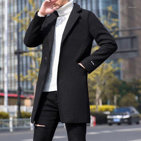 

plus size korean men slim fit notched trench coat british style mens korean streetwear long jacket black blue brown overcoats1, Tan;black