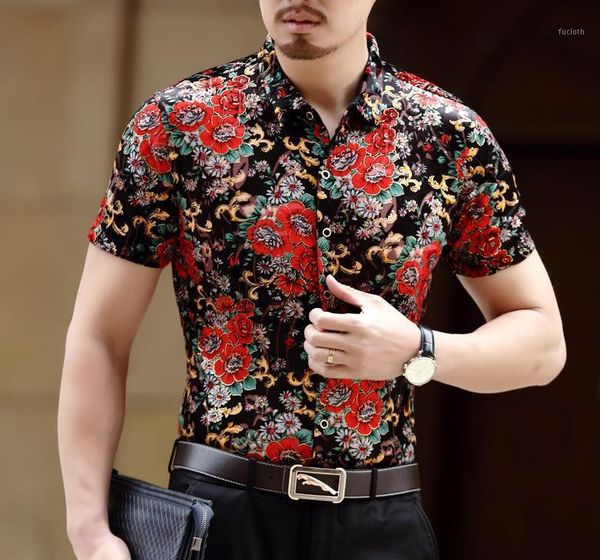 

bonjean mens summer silk shirts flowers print velvet shirts men's casual short sleeve dress fashion slim soft thin1, White;black