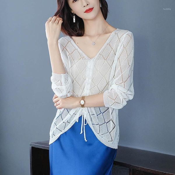 

factory direct hollow women's sweater v-neck short slim shirt 2020 spring and summer new products1, White;black