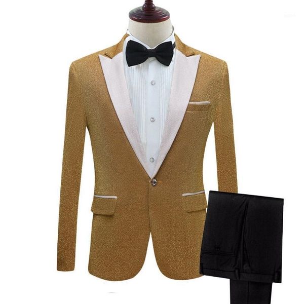 

wedding suits for men gold shiny male tuxedos suits groom costume homme prom blazer party man suit 2 pcs jacket pant1, White;black