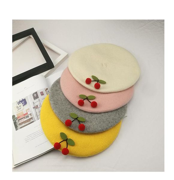 

japanese style sweet girl autumn french wholesale painter hat gift wool imitation classic beret warm cherry vintage beanie cap, Blue;gray