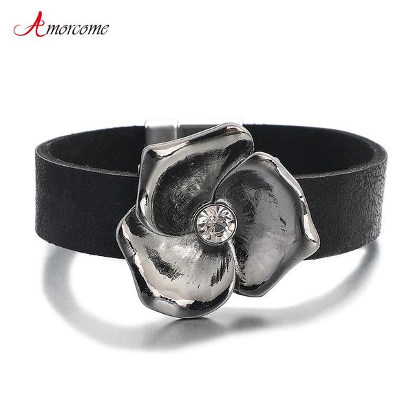 

charm bracelets amorcome bohemia handmade wide wrap black leather bracelet jewelry rhinestone big flower bangle mother's day gift pulse, Golden;silver