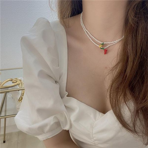 

new korean summer sweet red cherry fruits colorful beaded choker necklace for women holiday jewelry, Golden;silver