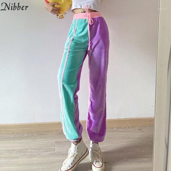 

nibber contrast velvet harem stripe pants women casual high waist sweatpants femme kpop fall winter soft trousers1, Black;white