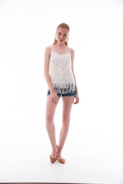 

ecru tassel detailed thin strapped women's tank top, White