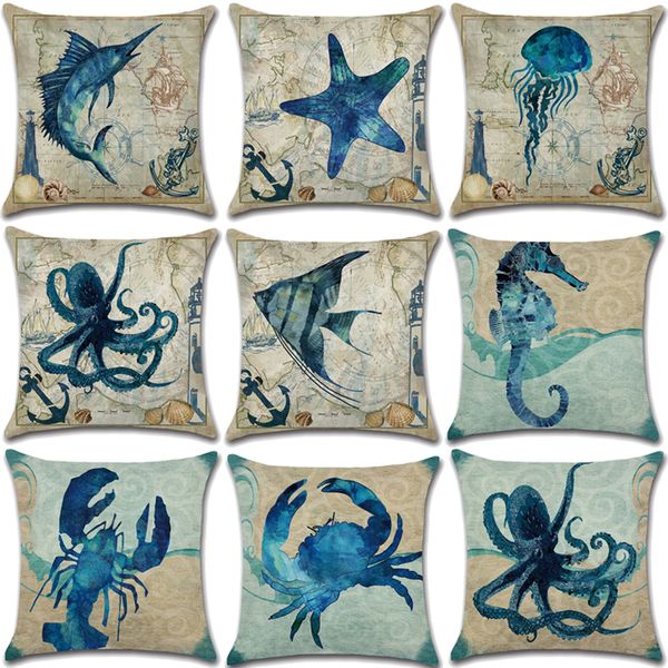 

marine life pillow decorative decor cotton linen 45*45 cushion cover sofa printed pillowcase for living room pillowcover 40018