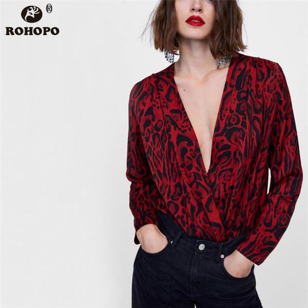 

rohopo long sleeve leopard bodysuit red vintage autumn female patchwork office ladies tunic romper #oyk87061, Black;white