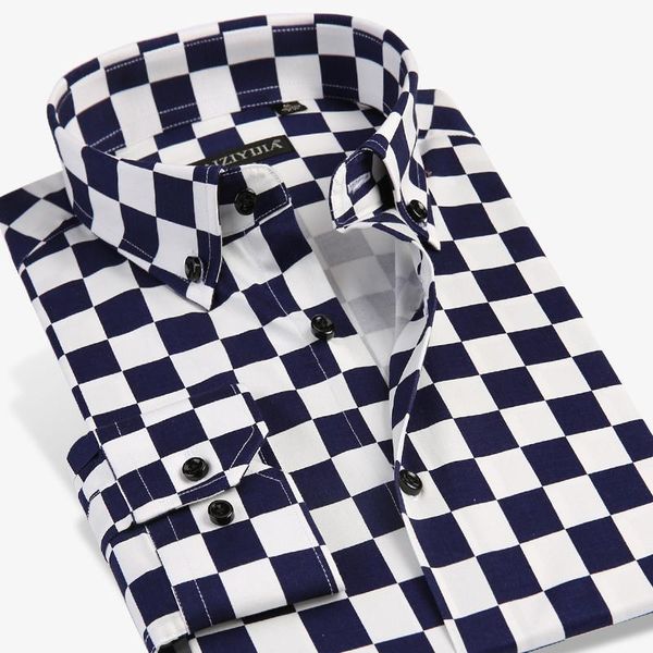 

men's checkerboard printed casual shirt long-sleeve comfortable standard-fit button-down contrast color plaid shirts, White;black