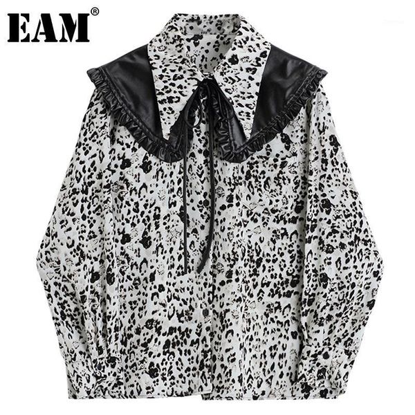 

eam] women printed pu leather big size blouse new lapel long sleeve loose fit shirt fashion tide spring autumn 2020 1dc8631, White