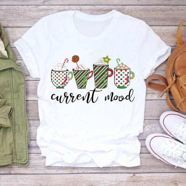 

women cartoon coffee drink fashion happy merry christmas print tshirts clothes graphic female t shirt ladies tee t shirt, White