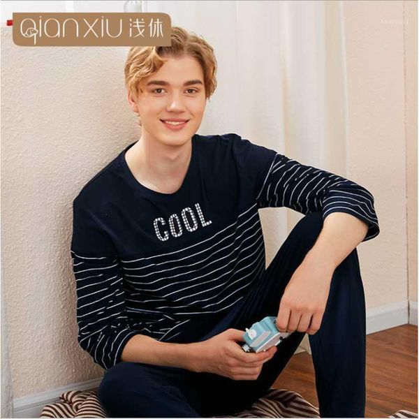 

2020 autumn new homewear men casual striped loosen pajama sets male cotton sleepwear suit couples o-neck collar t shirt & pants1, Black;brown