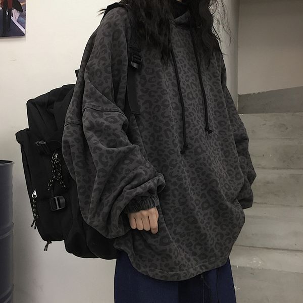 

plus size oversized loose hooded leopard hip hop sweatshirt pullover hoodies women harajuku streetwear punk warm fleece lj201103, Black