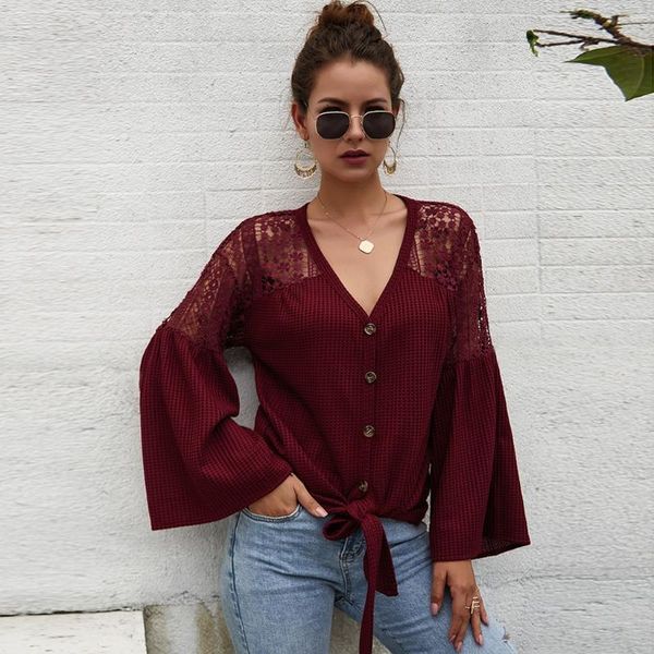 

women casual shirt blouse autumn v-neck lace long sleeve blouses elegant blouse loose shirt solid color blusas feminina, White