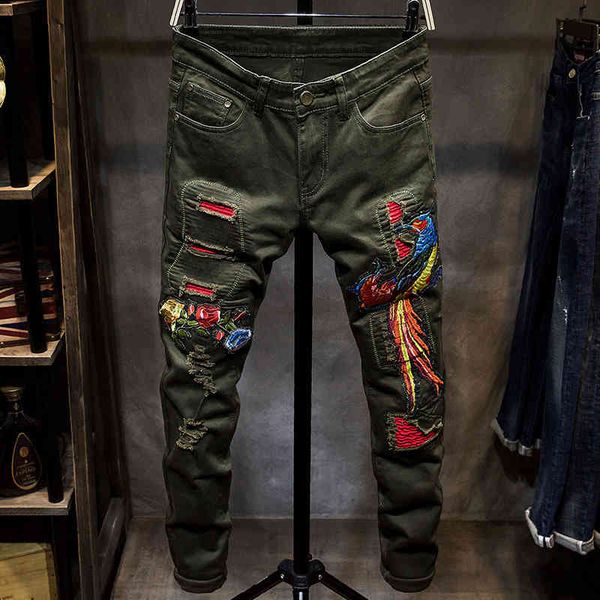 

pantolon erkek jean wind phoenix embroidery jeans men's black slim small straight tube army green hole red elastic overalls, Blue