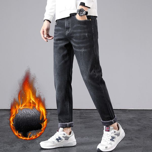 

2020 plush jeans winter thickened mid waist casual trend youth korean slim legged men's pants, Blue