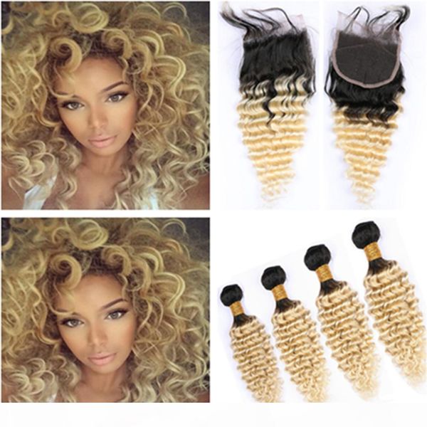 

#1b 613 ombre deep wave human hair 4 bundles and closure blonde ombre brazilian virgin hair weaves dark root hair extensions with closure, Black;brown