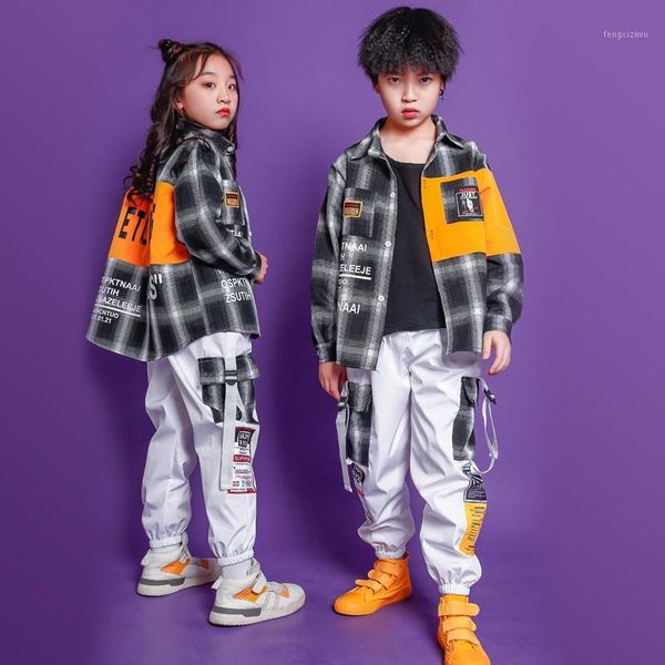 

clothing sets jazz dance costumes children hip hop street kids plaid shirt jogger pants boys stage performance wear suits1, White