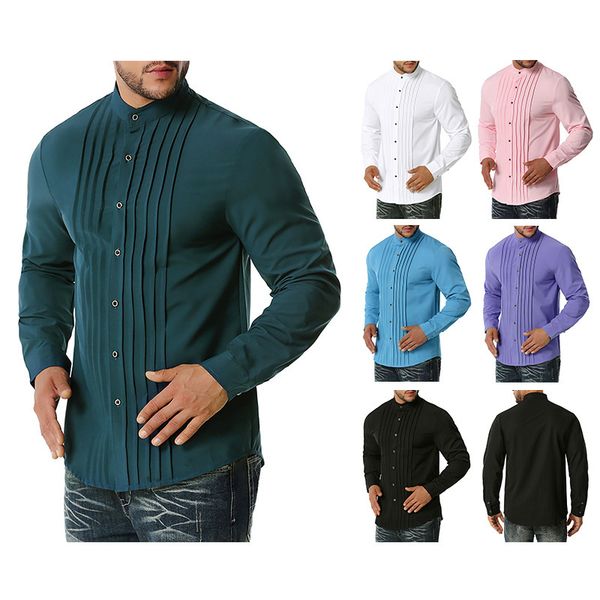 

2020 autumn and winter new fashion european size mens casual long-sleeved shirt henry collar shirt, White;black