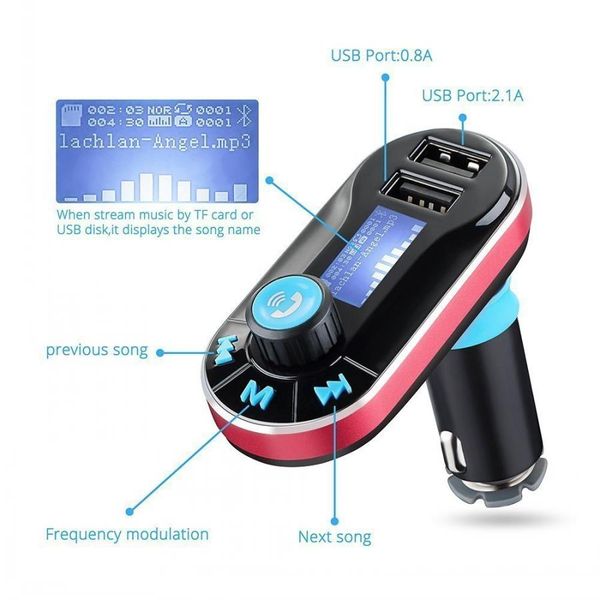 Verici BT66 LCD Ekran Araç Çift USB Araç Şarj Adaptörü Araba Kiti Bluetooth Dönüştürücü MP3 Çalar FM Hands-Free Destek SD Yeni