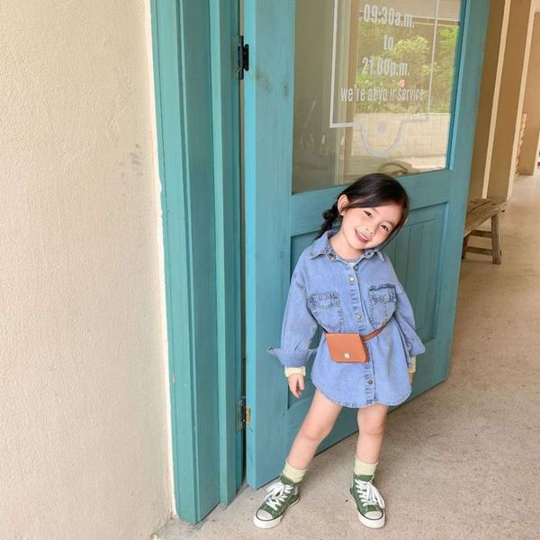 

foreign girls' drs new autumn 2020 sle children's mid length denim shirt skirt with waist pack, Red;yellow