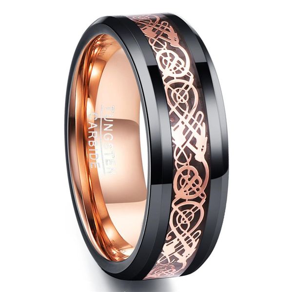 

nuncad brand tungsten carbide ring 8mm wide black rose gold inlaid rose gold dragon pattern tungsten ring men's jewelry, Silver