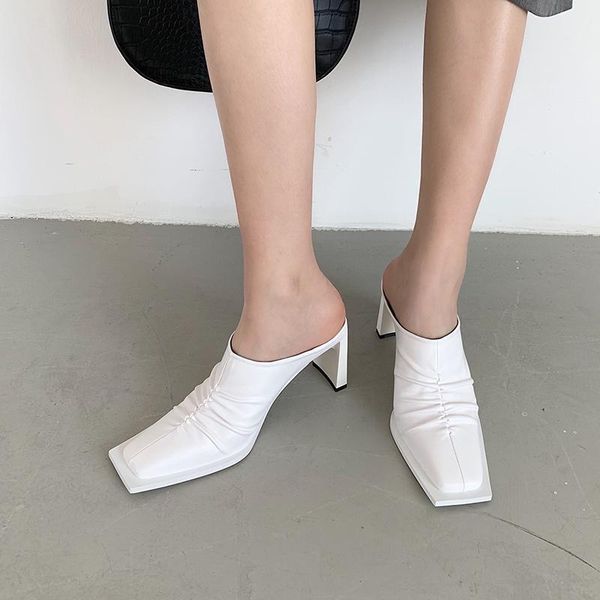 

slippers fashion women sandals square toe slip on thick high heels shallow slides party pumps white black casual